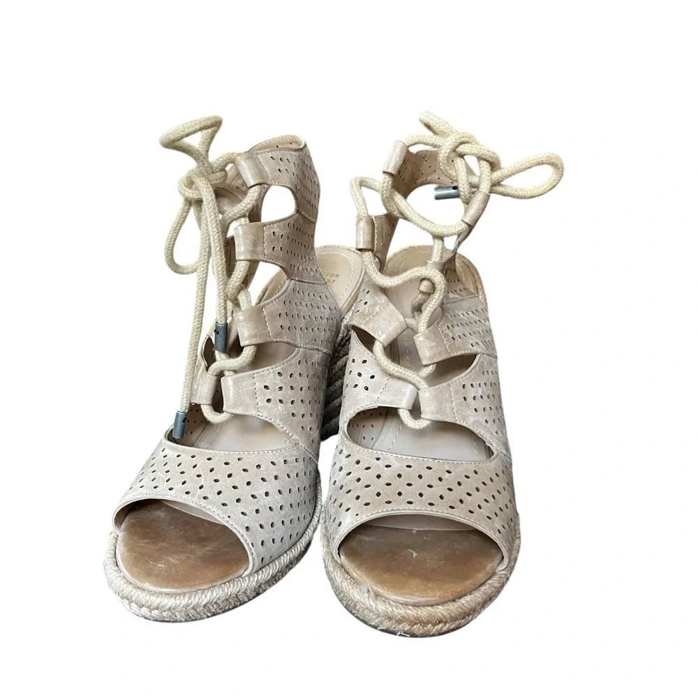 Johnston & Murphy taupe perforated leather wedge espadrille lace up sandals 10
